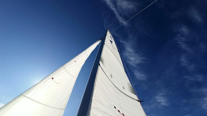 a white sail boat is sailing on a sunny day